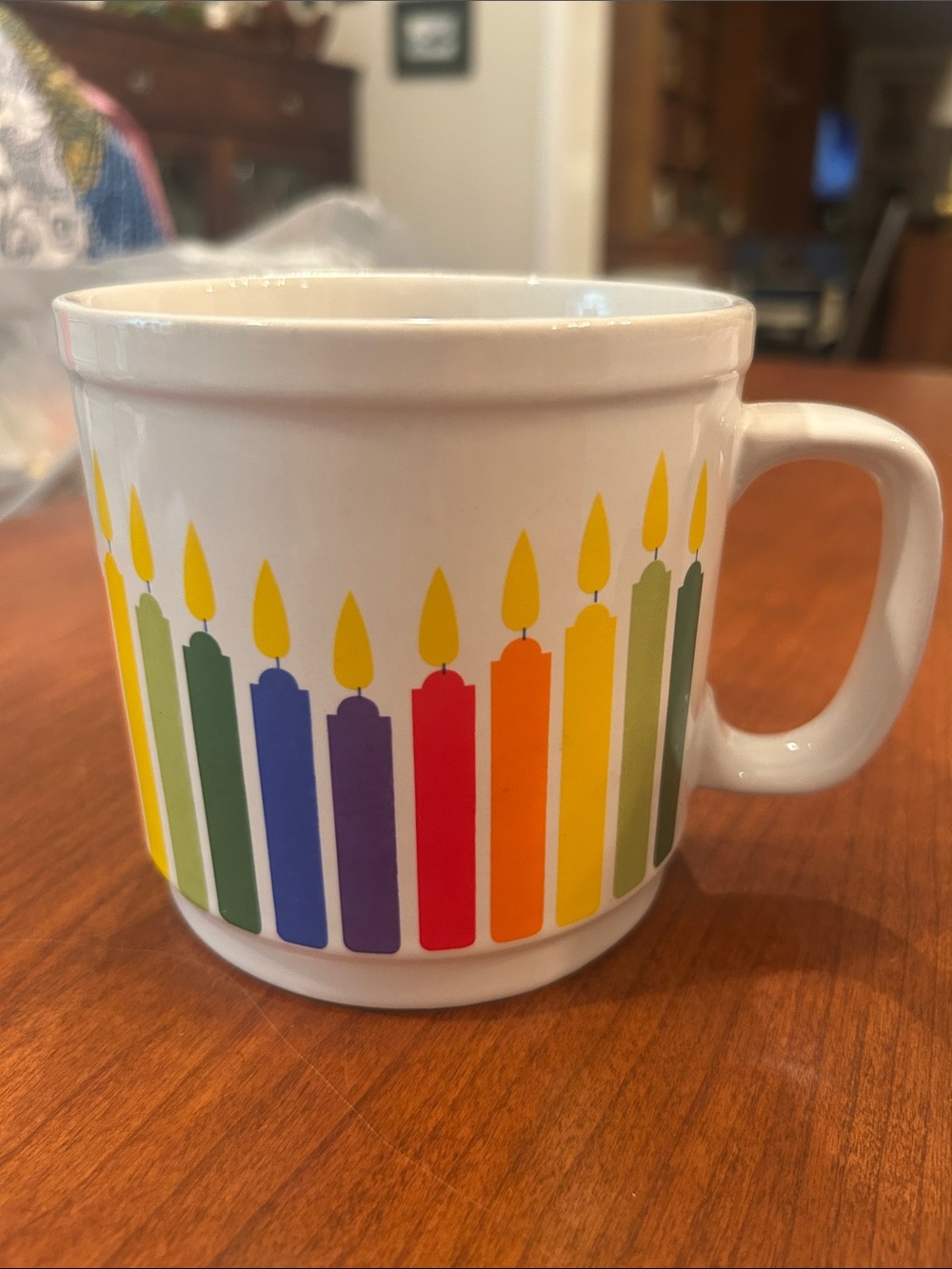 White Ceramic 12oz. Birthday Mug with Rainbow Candle Design